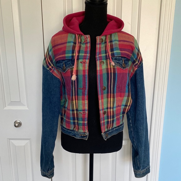 Rare Vintage Jordache Medium Denim with Colorful Plaid Accents Button Up Jacket - Picture 2 of 10